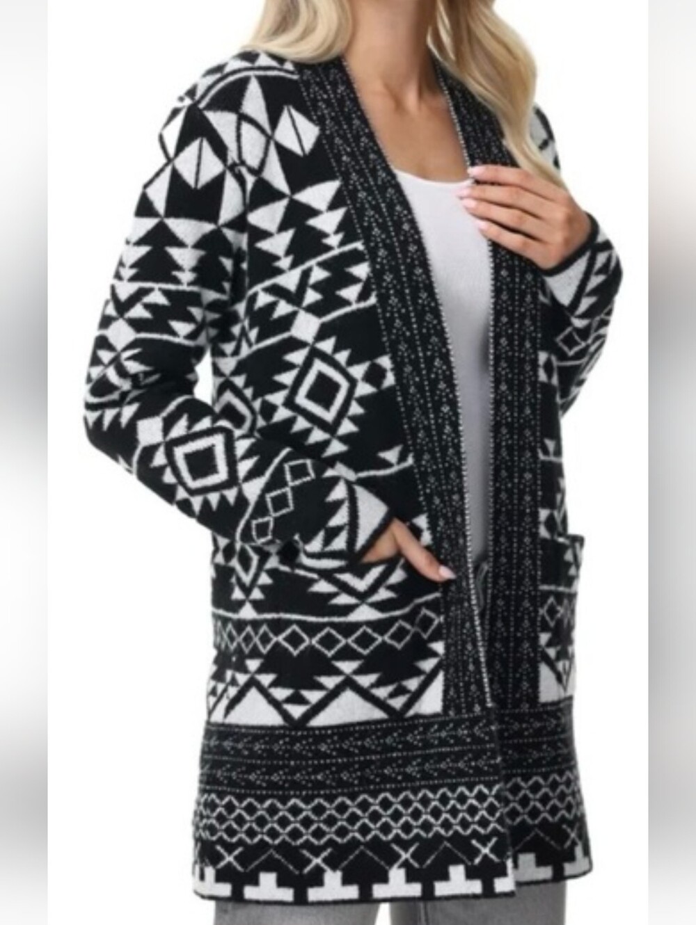 Frye Large Black & White Geometric Open-Front Women's Sweater Cardigan